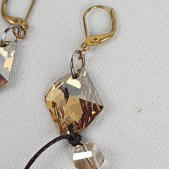 Vintage Crystal Dangle Earrings with Smoky Quartz and Golden Accents - Picture 2 of 4